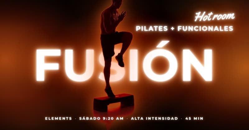 Pieza de la clase Fusión: silueta sobre un step con luz naranja y el texto «Elements, sábado 9:20 am, alta intensidad, 45 min»